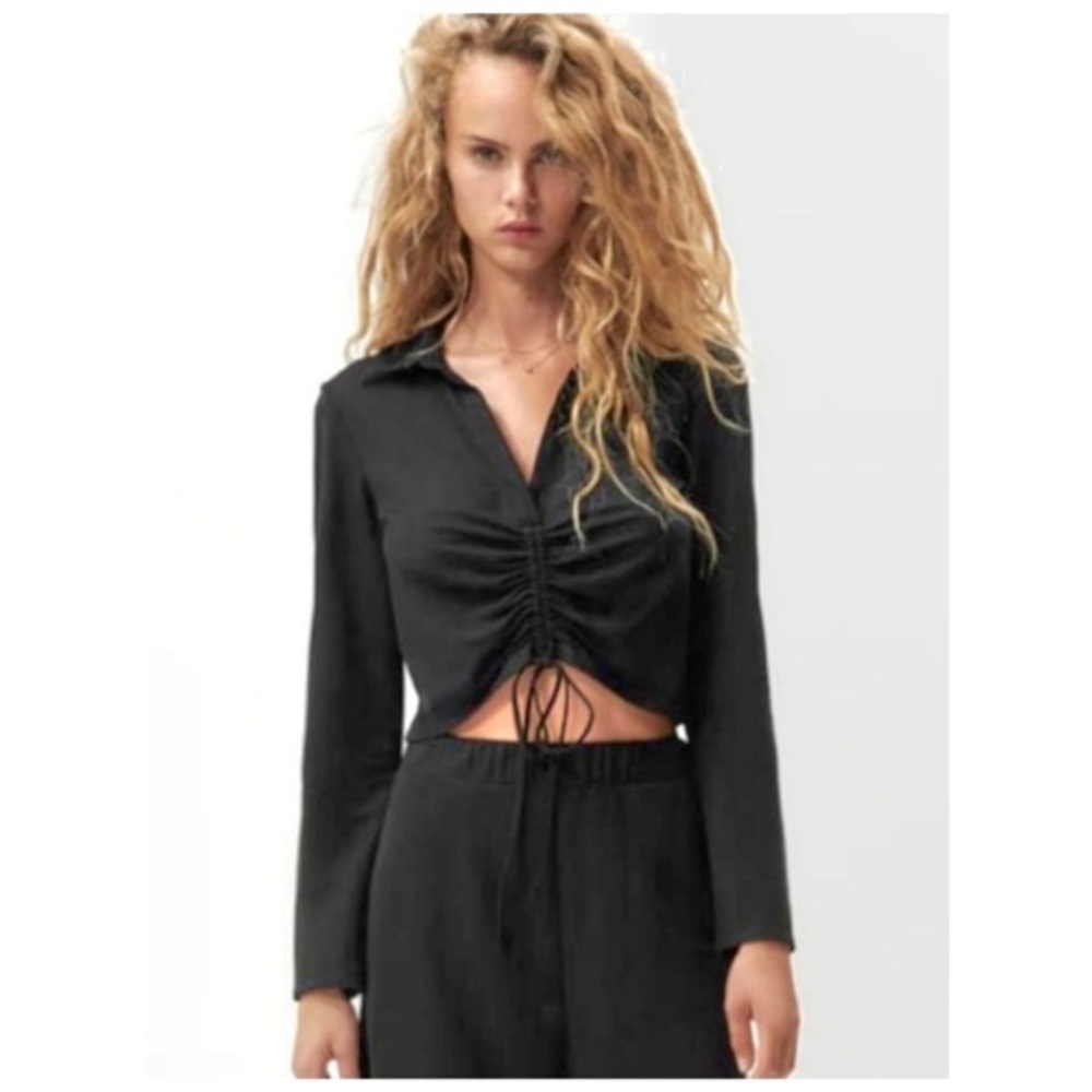 ZARA Black Cinched Front Collared Long Sleeve Top